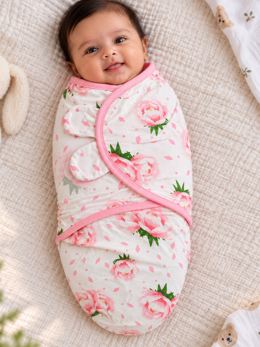 Baby Knitted Cotton Velcro Swaddle – White with Pink Floral Print | Adjustable Velcro Closure | Ziva Collected | Carefully Selected for Your Little One