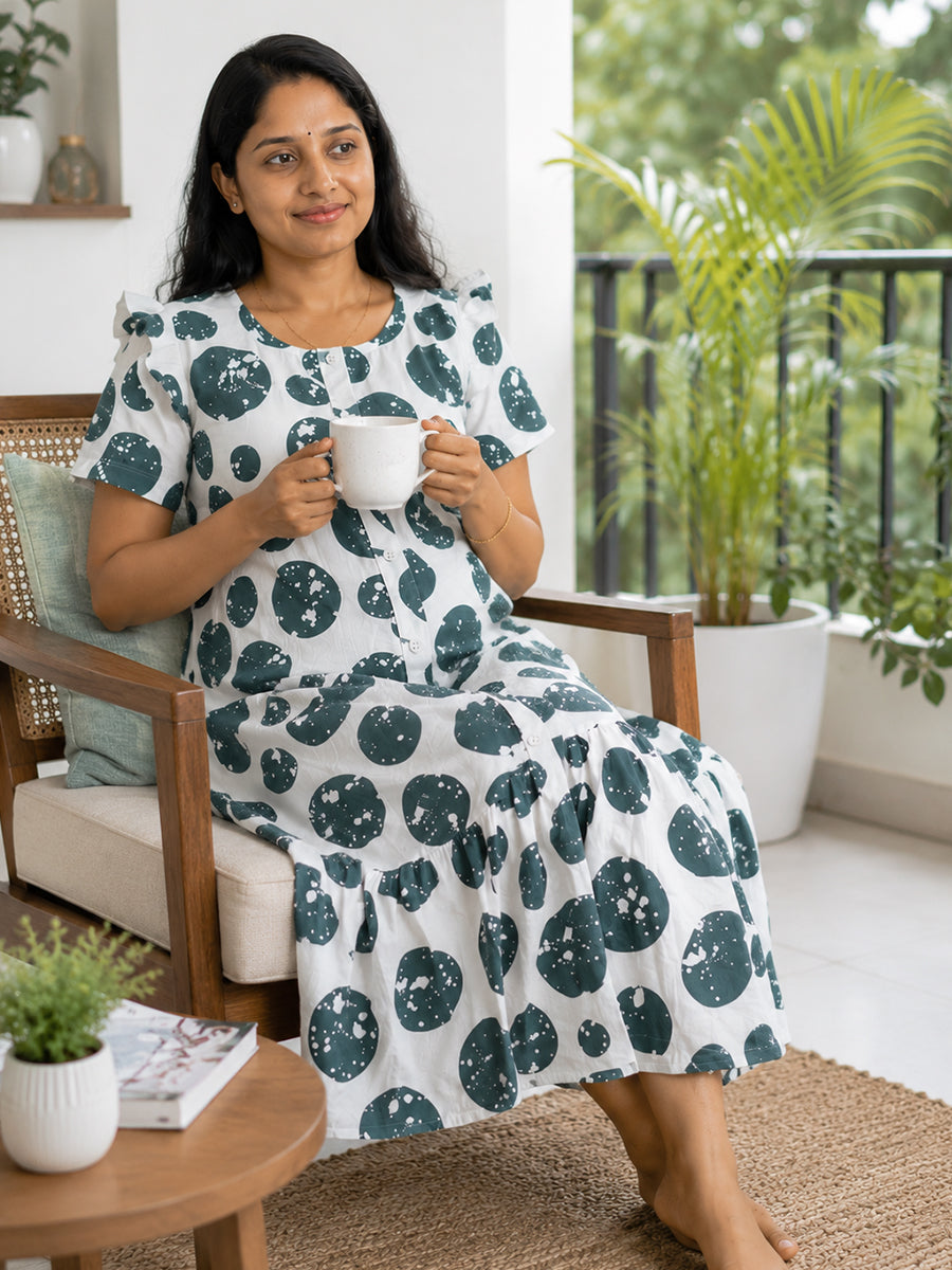 Ziva Maternity & Feeding Cotton Full-Open Short Nighty with Side Pocket – Dark Grey & Off White Irregular Spot Print