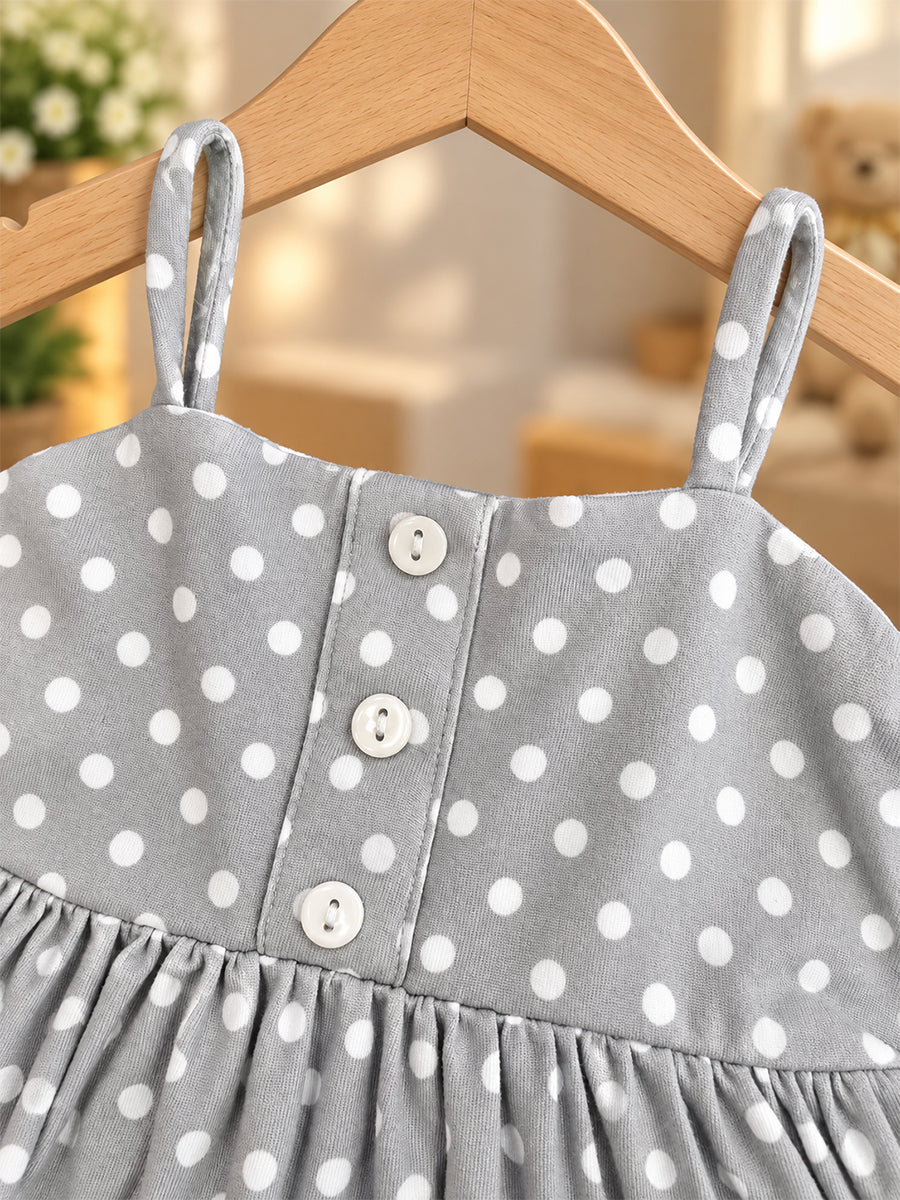 Ziva Baby Girl Strappy Frock with Pantie – Soft Grey White Polka Dot Print | Premium Knitted Cotton | Two-Tier Frill & Front Buttons | 2-Piece Set