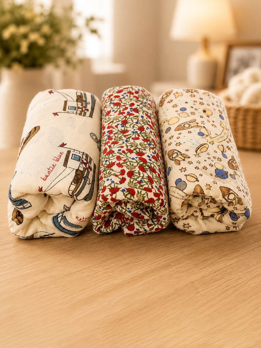 Ziva Premium Cotton Muslin Cloth – 3 Pieces | 100 × 100 cm Extra Large | Soft, Breathable & Multipurpose | Assorted Prints | Print Included: Wildflower Meadow Print