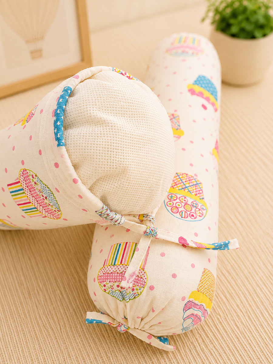 Ziva Baby Side Pillow (Bolster Pillow) | Multipurpose | Cotton Cover | Patchwork Cupcake Print