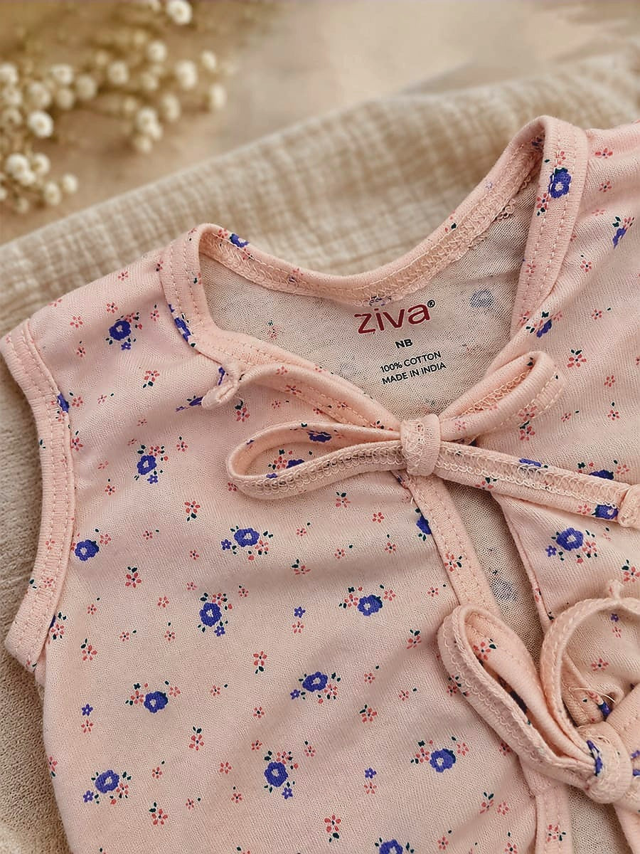Ziva Newborn Knitted Cotton Front Open Tie Jabla with Tie Nappy – Blush Pink Tiny Floral Print | 1 Jabla + 1 Nappy
