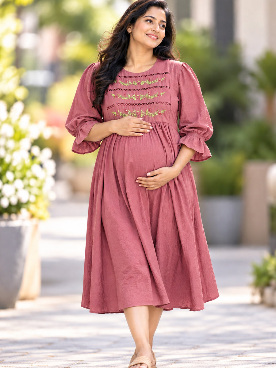 Ziva Premium Crinkle Viscose Maternity & Feeding Occasion Dress with Hand-Embroidered Yoke & Adjustable Puff Sleeves | Dusty Rose