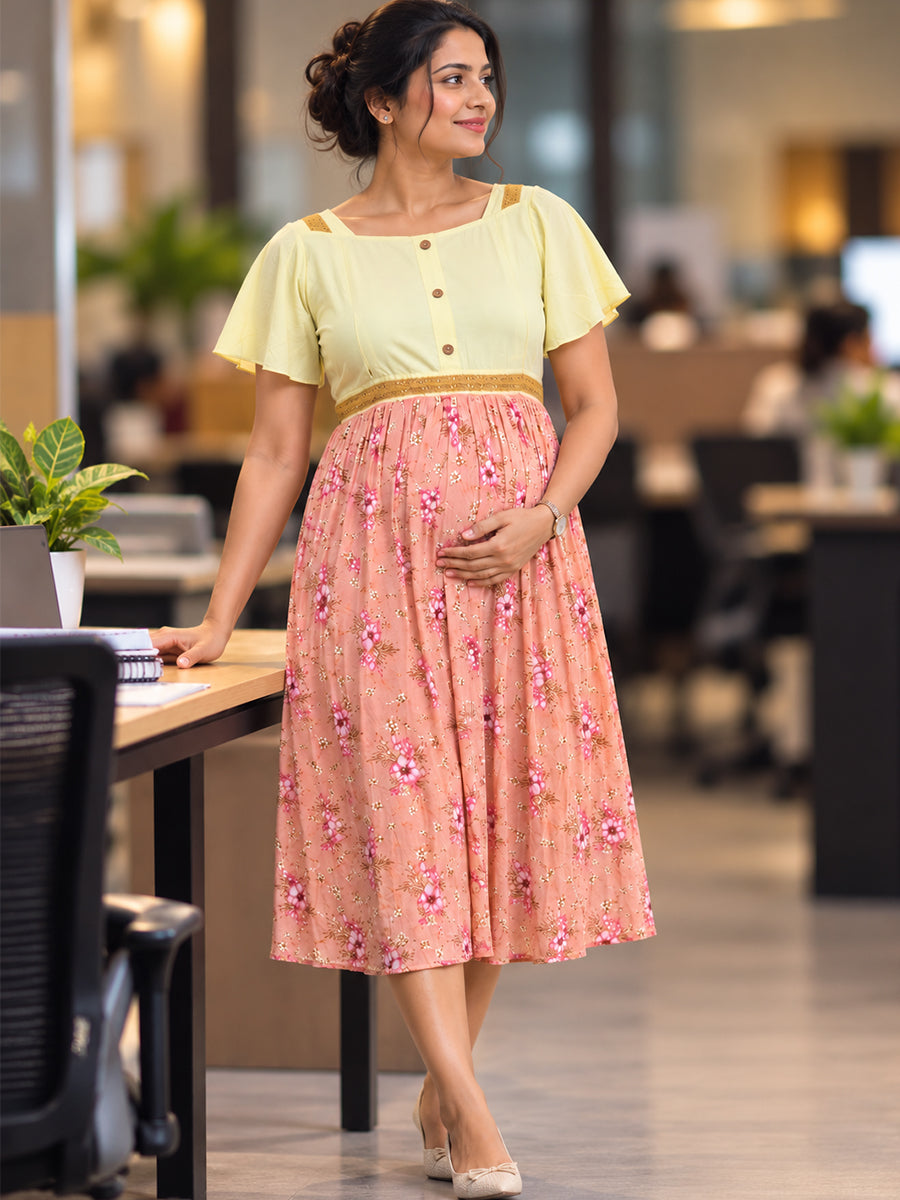 Ziva Maternity & Feeding Rayon Dress with Circular Sleeves & Concealed Zips | Soft Lemon Yellow & Peach Pink Floral