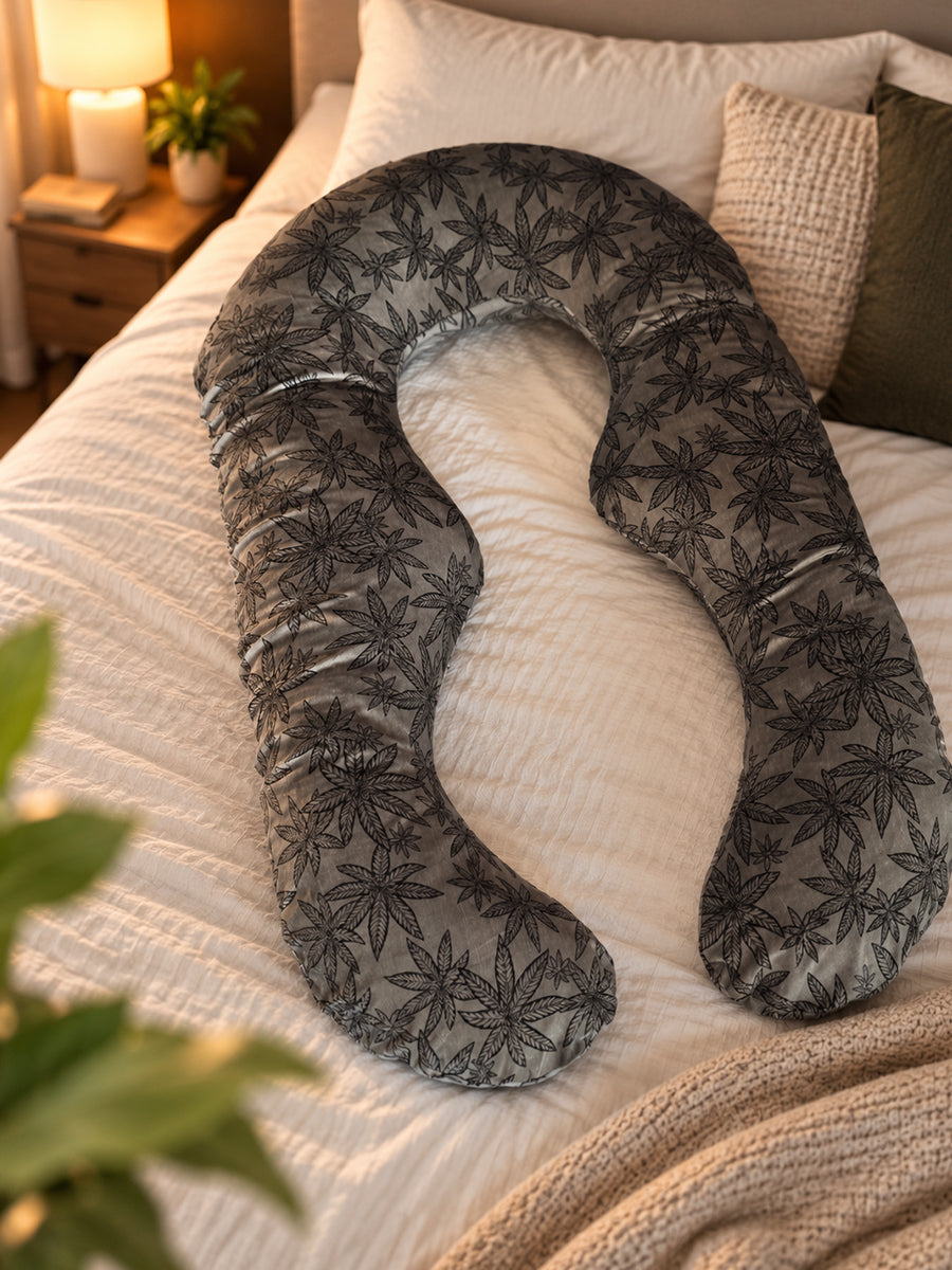 Ziva Multipurpose Pregnancy Pillow / Maternity Pillow / Body Pillow – U Shape – Grey & Black Botanical Leaf Print | Velvet Fabric