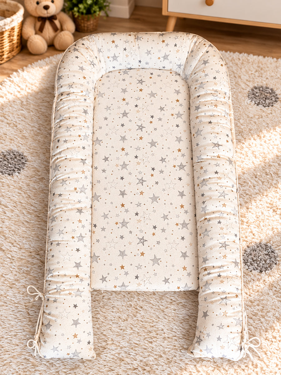 Premium Organic Cotton Multipurpose Baby Nest – Newborn Baby Lounger & Baby Bed | Grey & Gold Star Print | Ziva Collected | Carefully Selected for Your Little One
