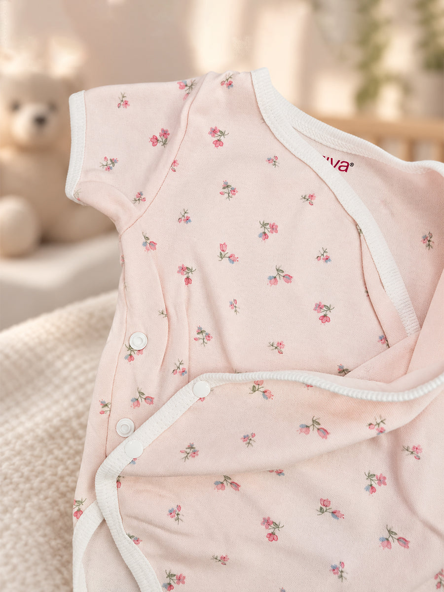 Ziva Baby Premium Knitted Cotton Overlap Romper – Pack of 3 | Blush Pink Tiny Floral, Dusty Rose Mini Dot & White Peach Bunny Assorted Prints.