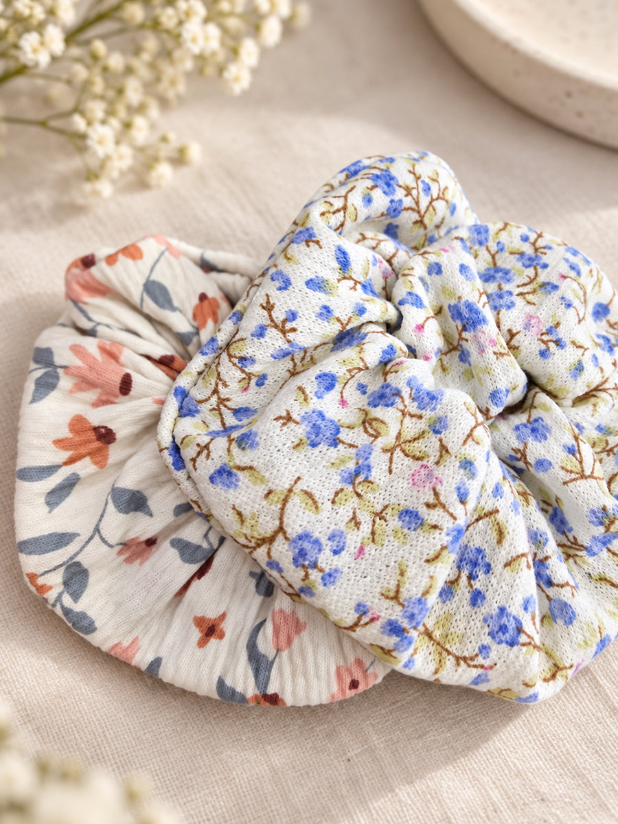 Ziva Moms Floral Bow Hair Band – Pink & Blue Blossom Print | Soft Fabric Scrunchie-Style Hair Band | 2 Piece Combo