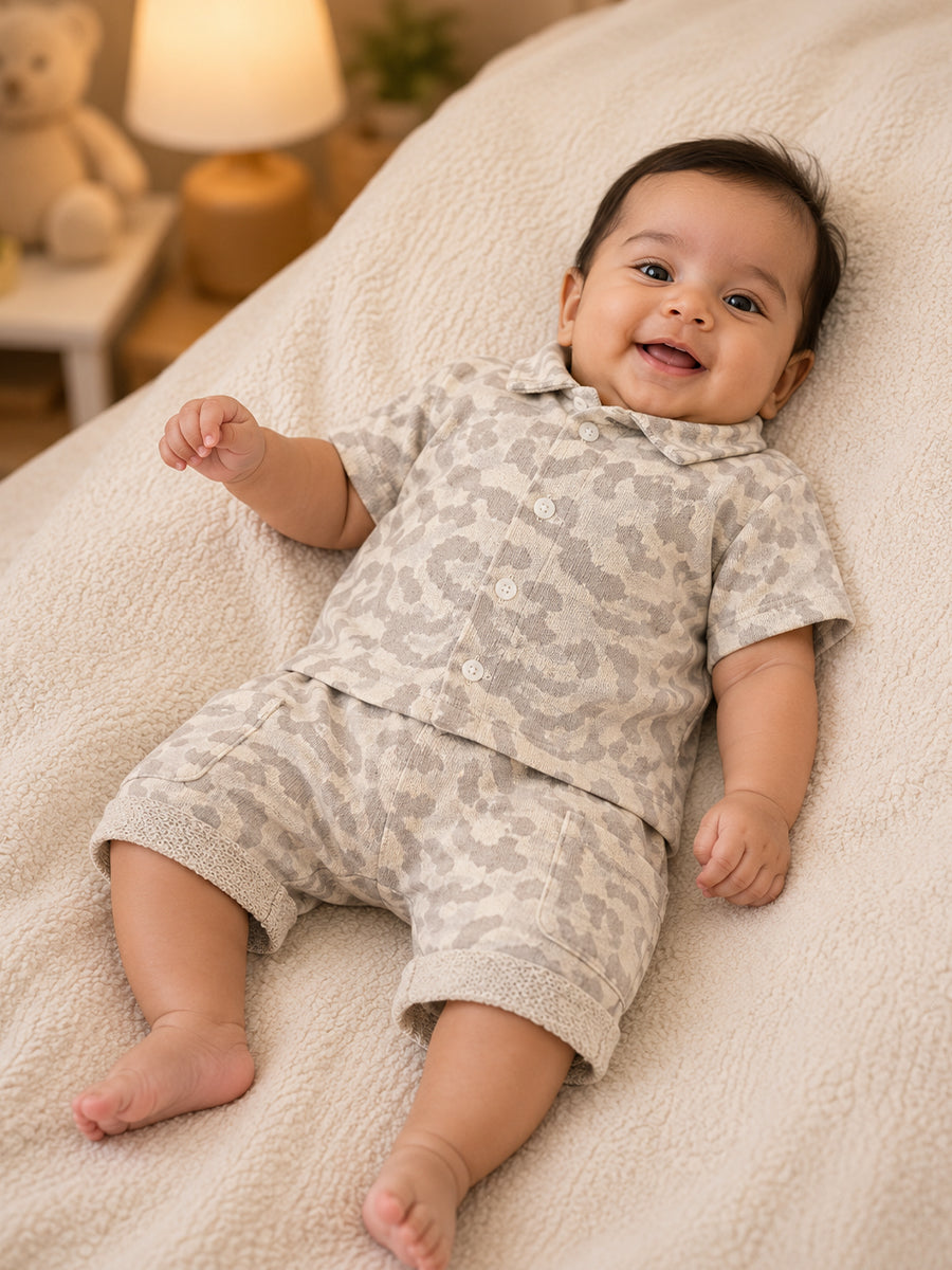 Ziva Premium Knitted Cotton Baby Co-Ord Set – Collar Neck Shirt & Elastic Waist Shorts | Dark Grey Abstract Animal Print