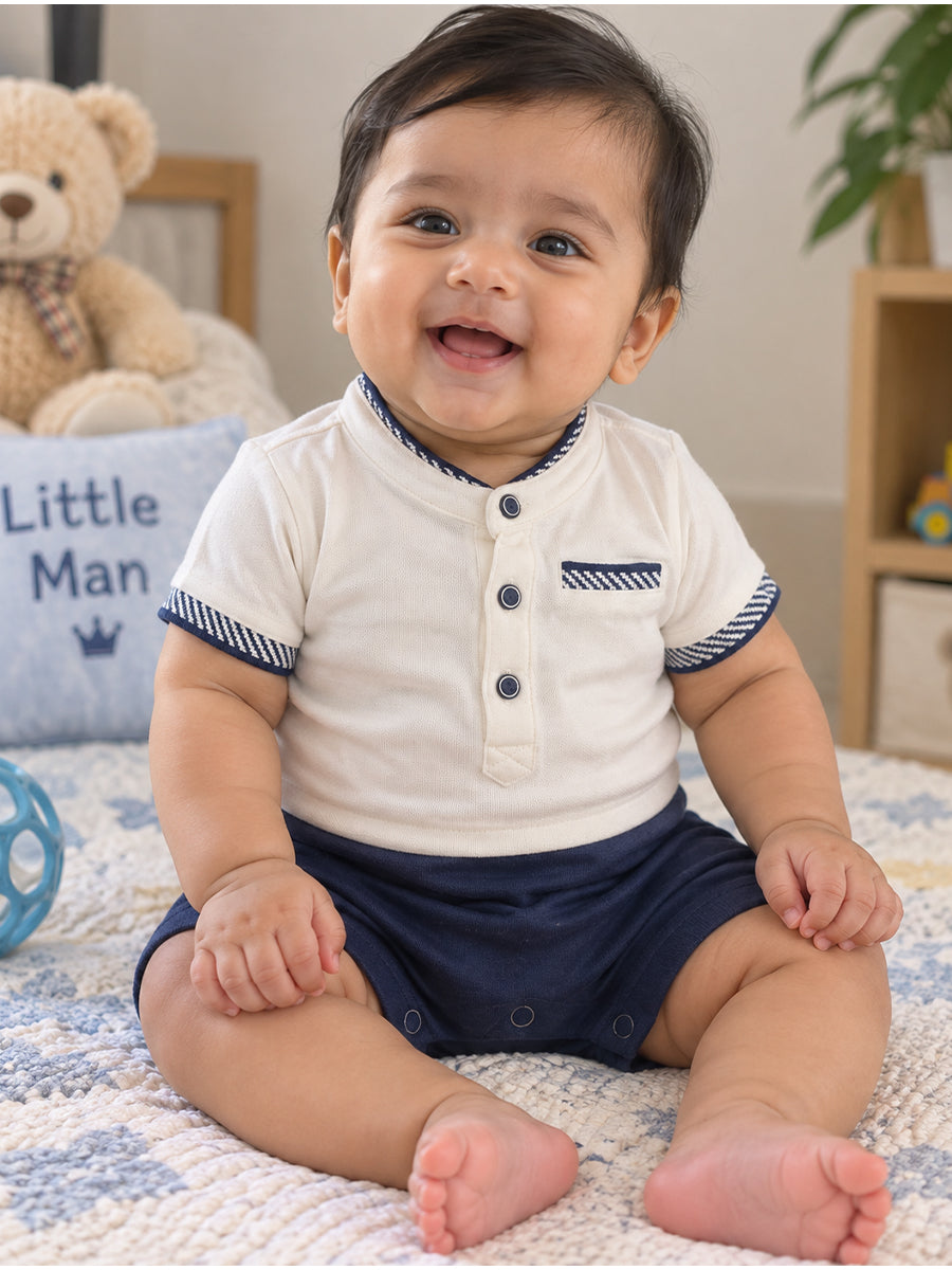 Baby Boy Knitted Cotton Polo Style Jumpsuit – Off-White & Navy Blue | Ziva Collected | Carefully Selected for Your Little One