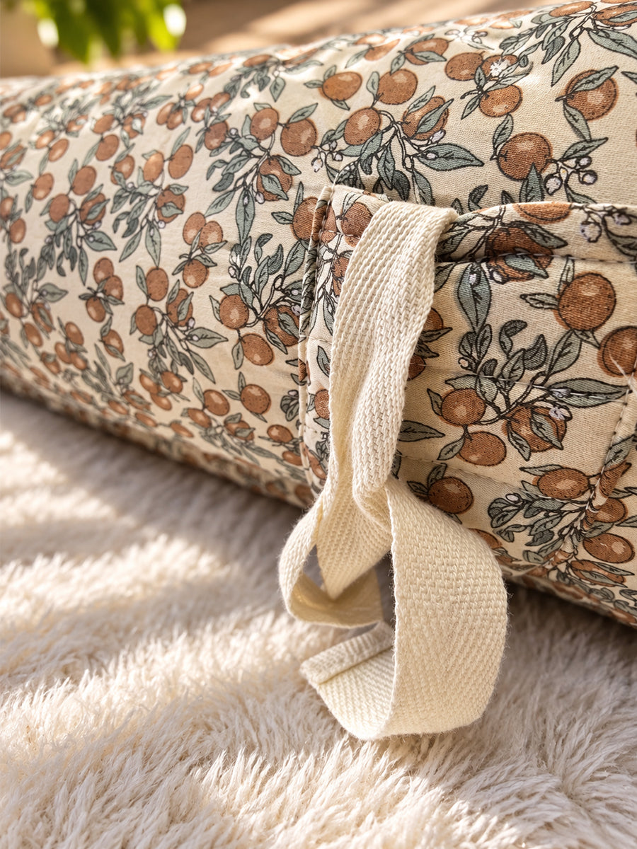 Premium Organic Cotton Multipurpose Baby Nest – Newborn Baby Lounger & Baby Bed | Rust Orange Botanical Fruit Print | Ziva Collected | Carefully Selected for Your Little One