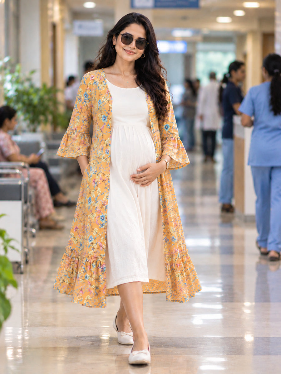 Ziva Premium Rayon Maternity & Feeding Dress with Sleeveless Inner & Floral Tie-Up Long Jacket with side pocket – Off-White & Peach Orange Multicolour Floral