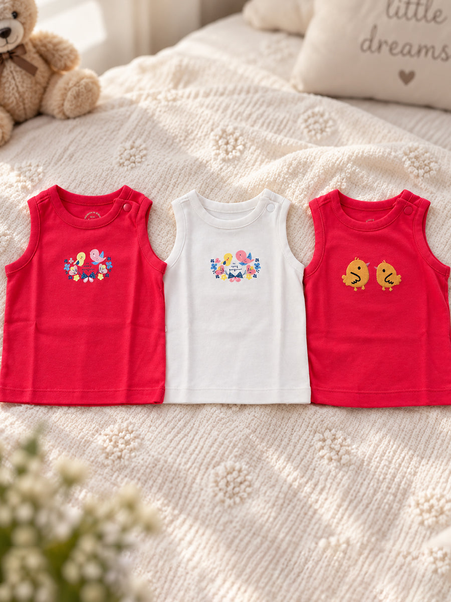 Baby Girls Cotton Sleeveless T-Shirt Combo – Pack of 3 | Assorted Prints | Shoulder Press Buttons | Ziva Collected | Carefully Selected for Your Little One