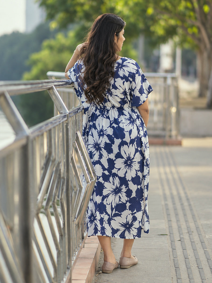 Ziva Maternity & Feeding Kaftan with Feeding Zip & Waist Adjustable Tie – Deep Navy Blue Floral Print