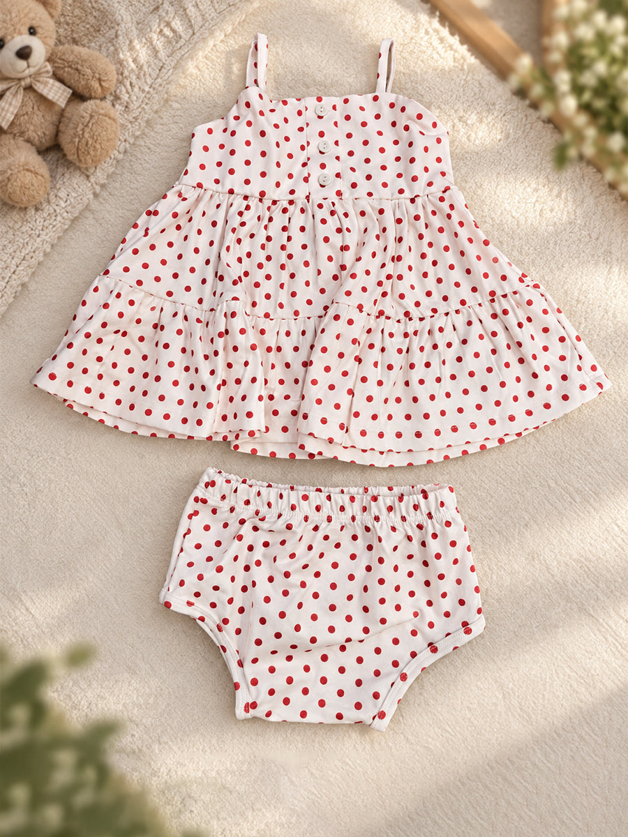 Ziva Baby Girl Strappy Frock with Pantie – White Red Polka Dot Print | Premium Knitted Cotton | Tiered Frill & Front Buttons | 2-Piece Set