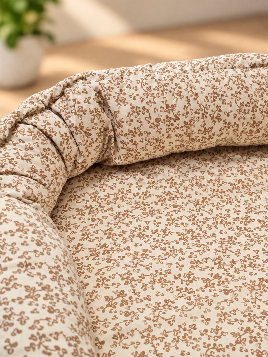 Premium Organic Cotton Baby Nest – Newborn Baby Lounger & Baby Bed | Beige Floral Vine Print. | Ziva Collected | Carefully Selected for Your Little One