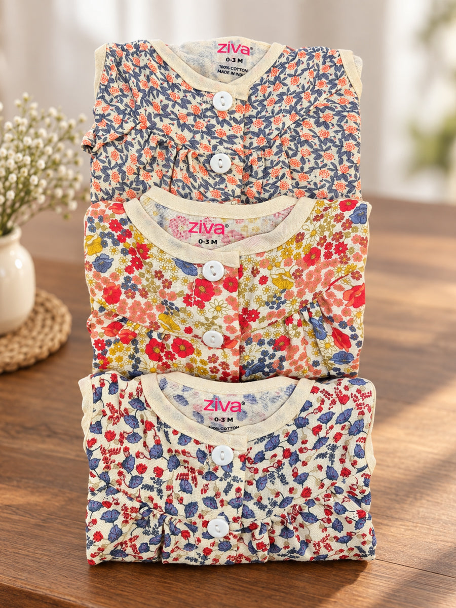 Ziva Muslin Baby Girl Front Button Frock – Pack of 3 | Premium Muslin Cotton | Assorted Floral Prints (Print Details: Check Product Description)