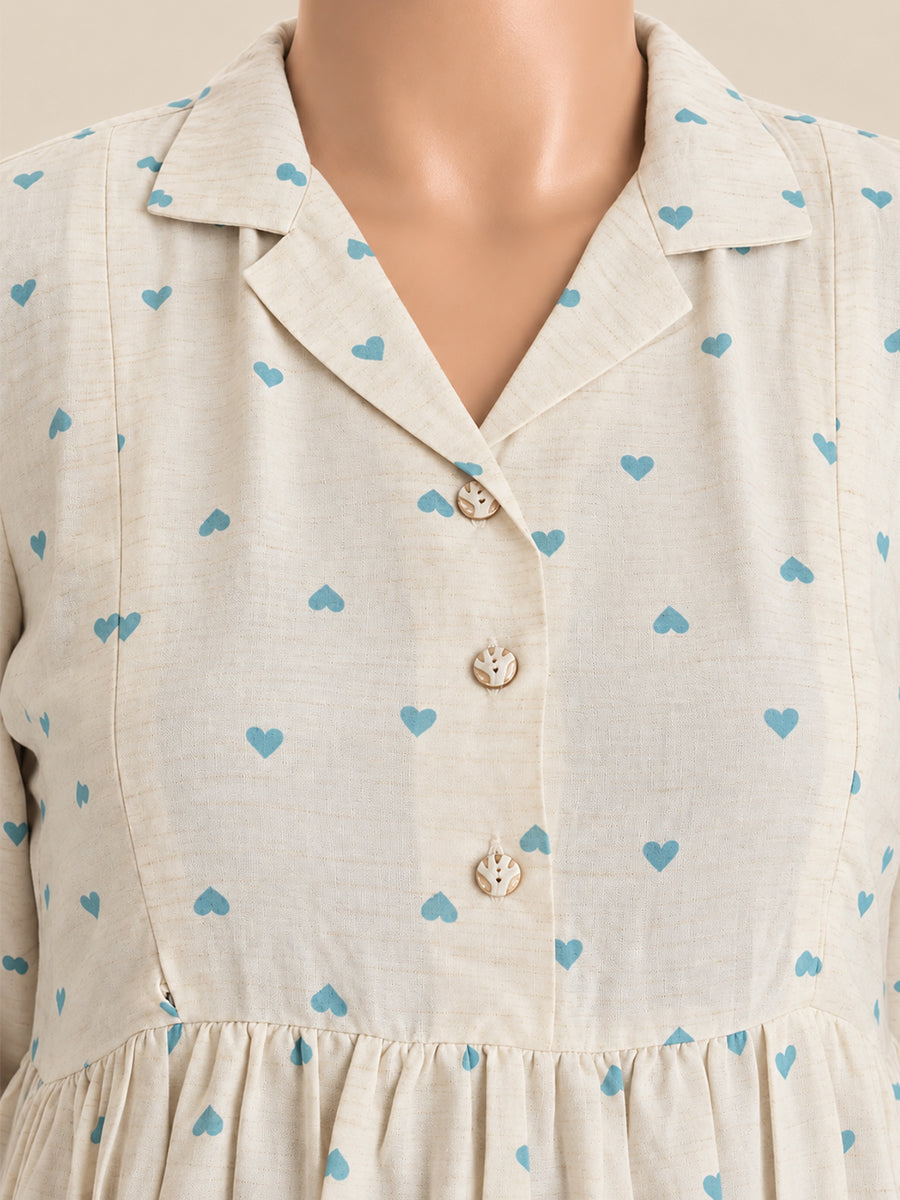 Ziva Premium Viscose Linen Maternity & Feeding Dress with Notched Collar, Concealed Zips & Side Pocket | Soft Cream Aqua Blue Heart Print