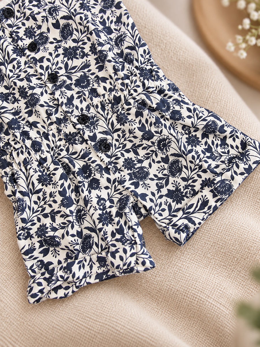 Ziva Baby Playsuit Romper – Blue Tropical Leaf Print | Knitted Cotton | Front Button Open | Elasticated Waist