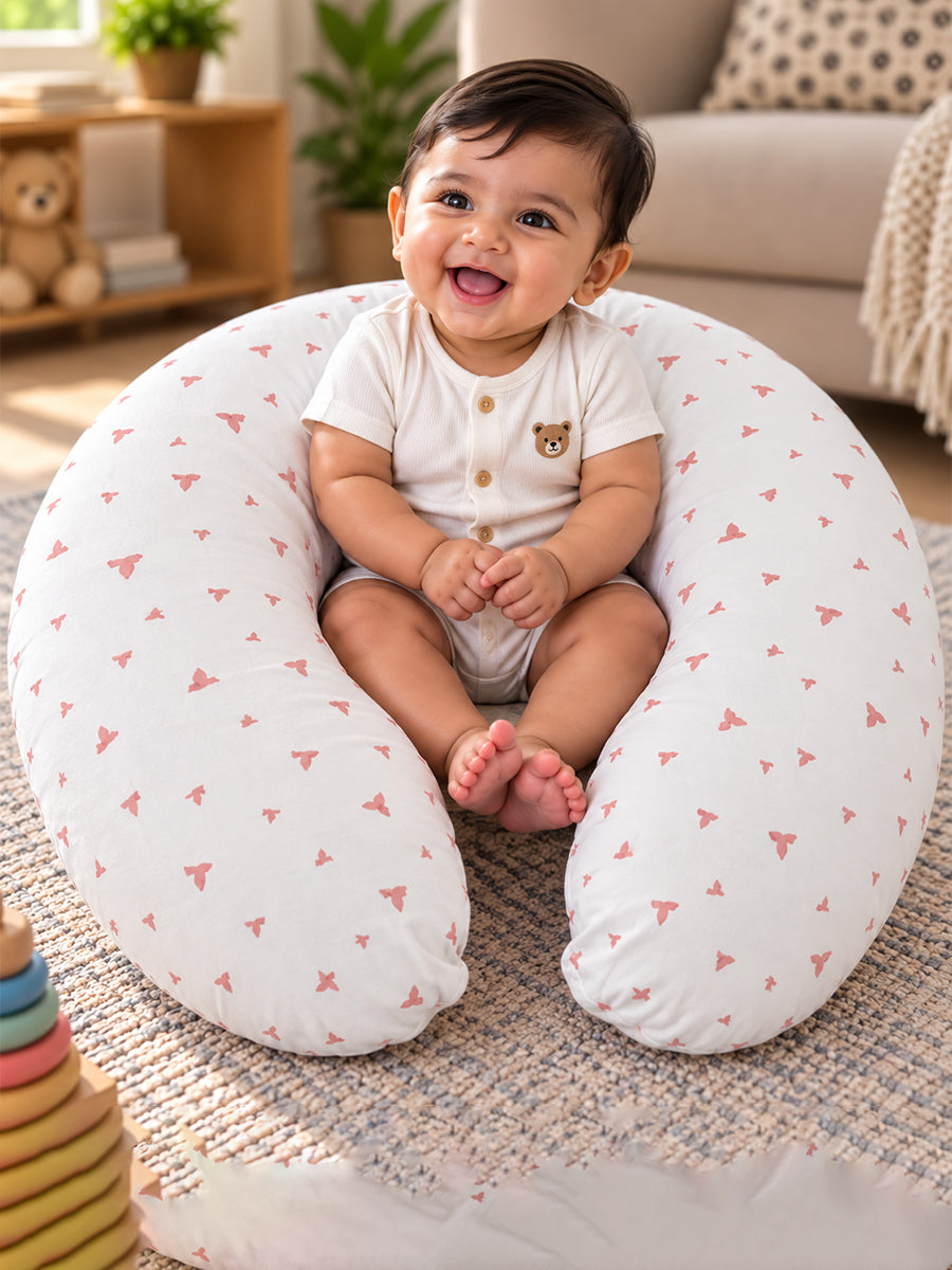 Ziva Multipurpose Feeding Pillow – White with Peach Pink Bird Print | 100% Cotton Cover | Removable & Washable
