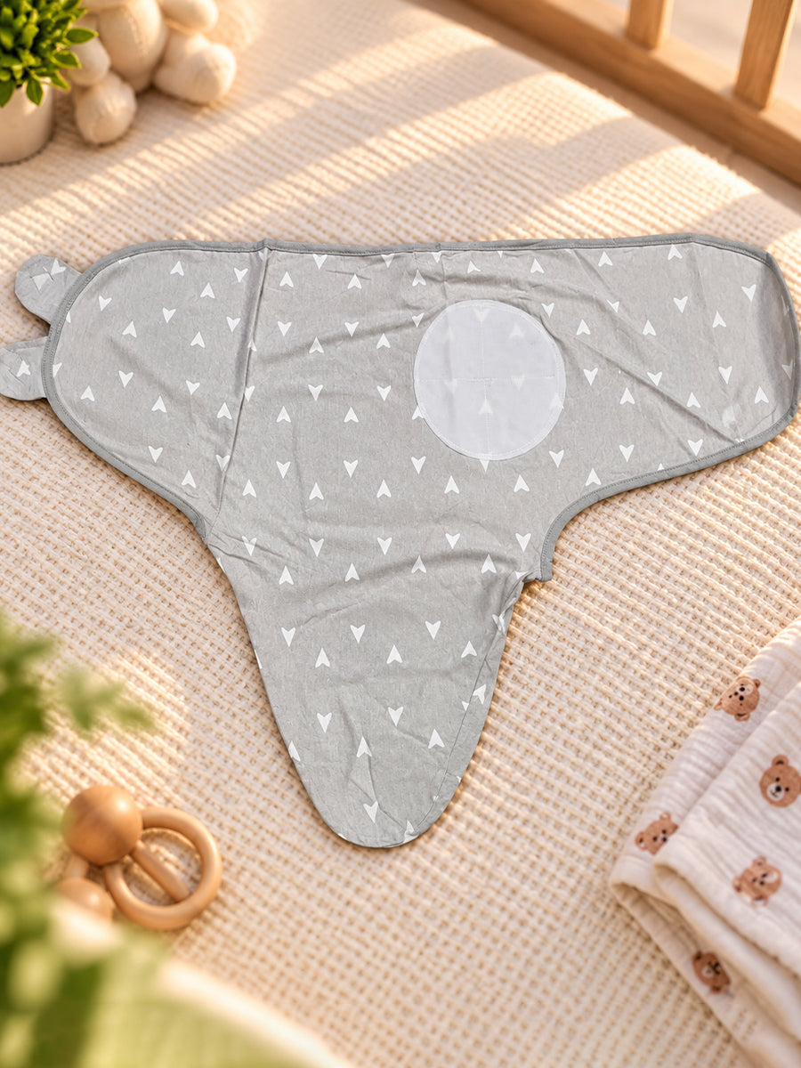 Baby Knitted Cotton Velcro Swaddle – Light Grey with White Mini Triangle Print | Adjustable Velcro Closure | Ziva Collected | Carefully Selected for Your Little One