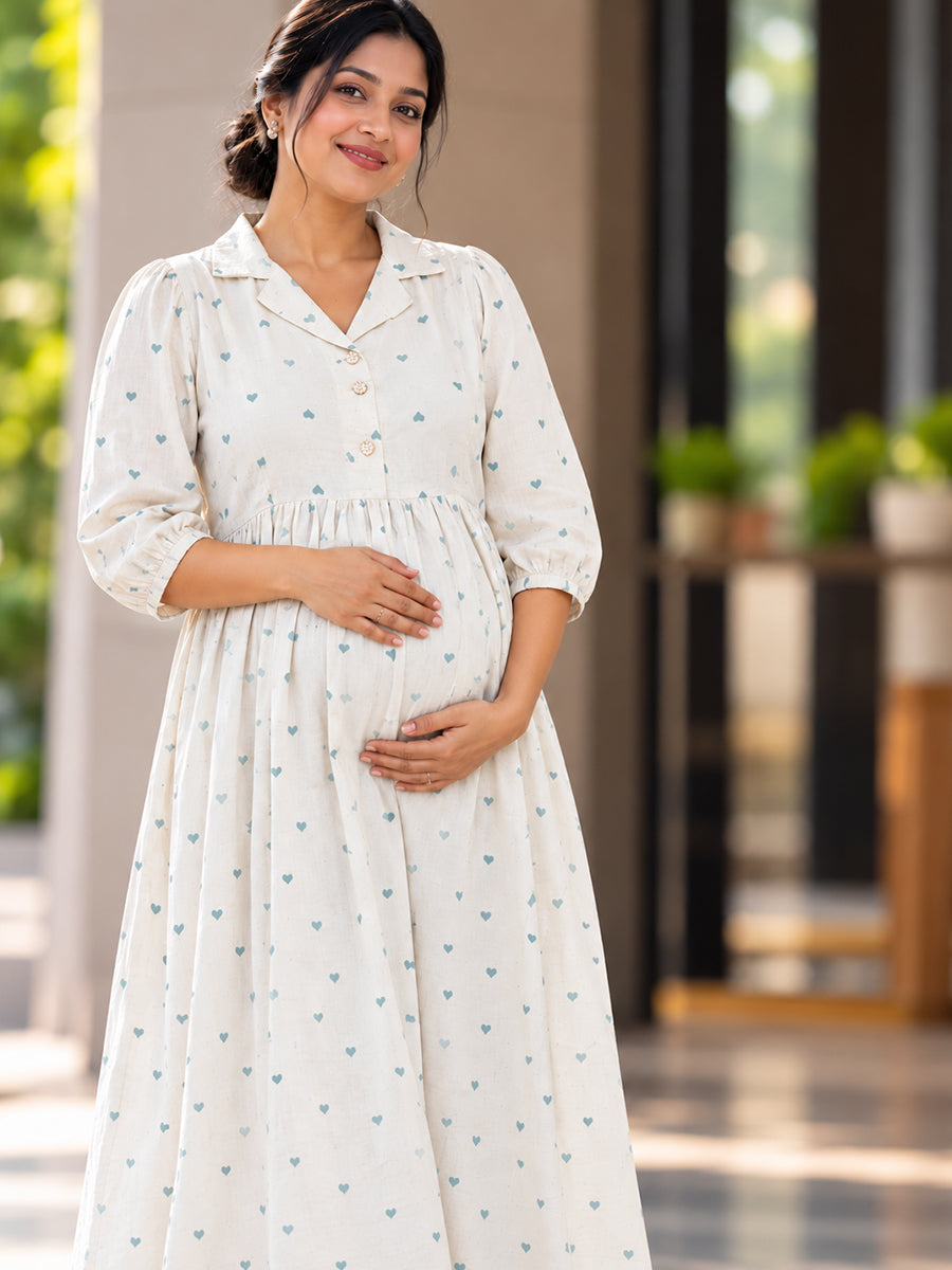 Ziva Premium Viscose Linen Maternity & Feeding Dress with Notched Collar, Concealed Zips & Side Pocket | Soft Cream Aqua Blue Heart Print