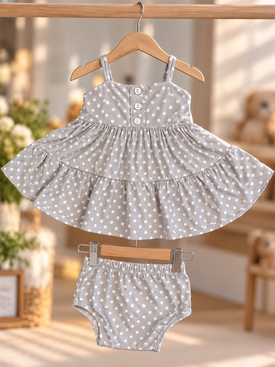 Ziva Baby Girl Strappy Frock with Pantie – Soft Grey White Polka Dot Print | Premium Knitted Cotton | Two-Tier Frill & Front Buttons | 2-Piece Set