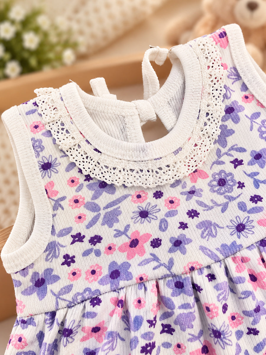 Ziva Baby Girl Frock with Pantie – Pink & Purple Floral Print | Premium Knitted Cotton | Crochet Lace Yoke & Back Knot Tie | 2-Piece Set