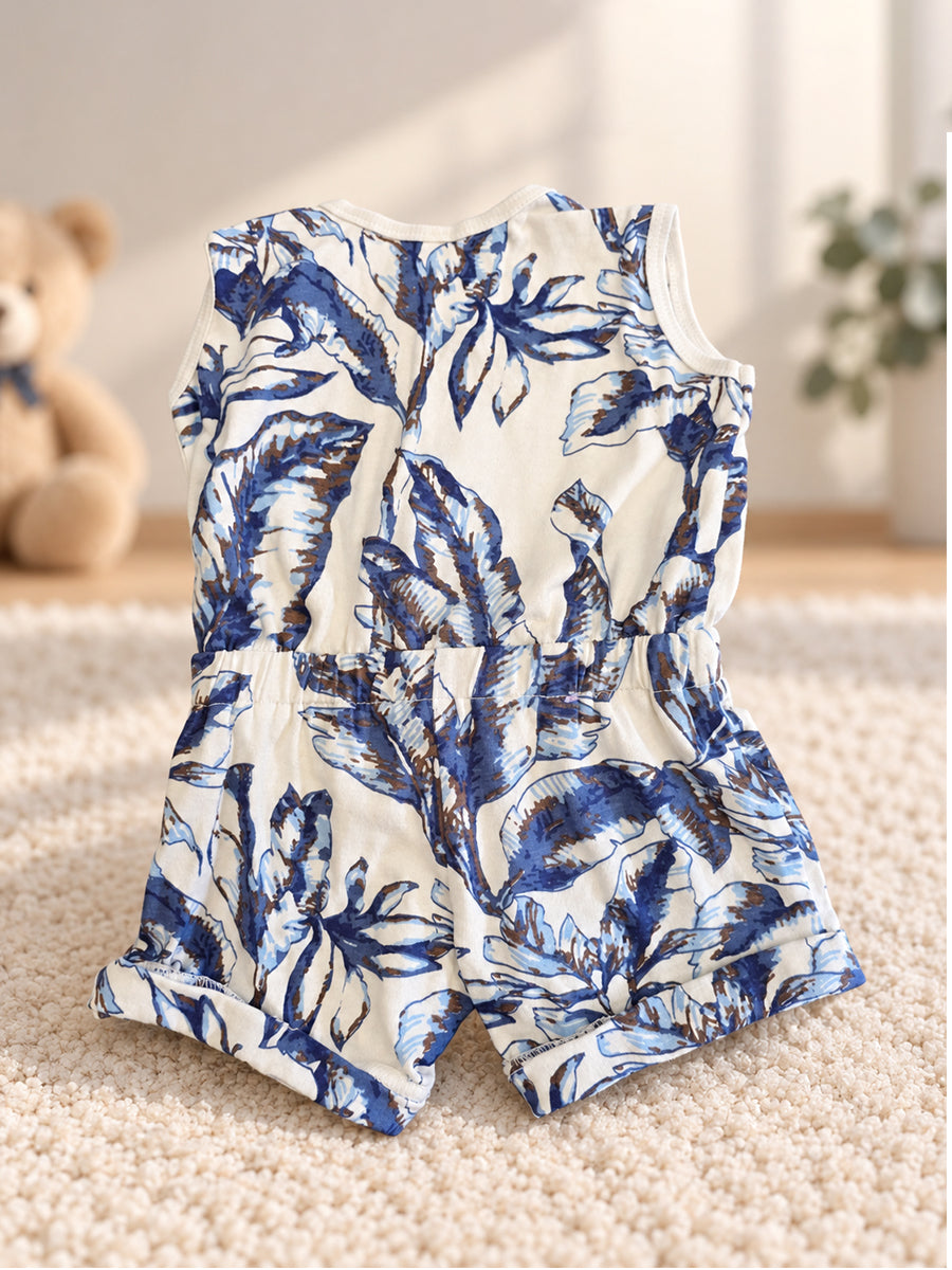 Ziva Baby Playsuit Romper – Navy Floral Print | Knitted Cotton | Sleeveless | Full Front Button Open