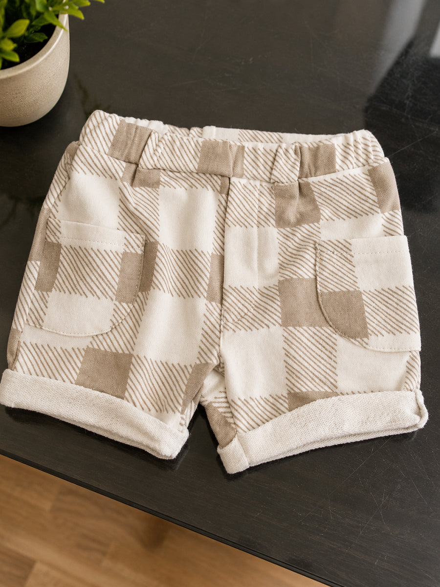 Ziva Premium Knitted Cotton Baby Co-Ord Set – Collar Neck Shirt & Elastic Waist Shorts | Cream & Grey Gingham Print