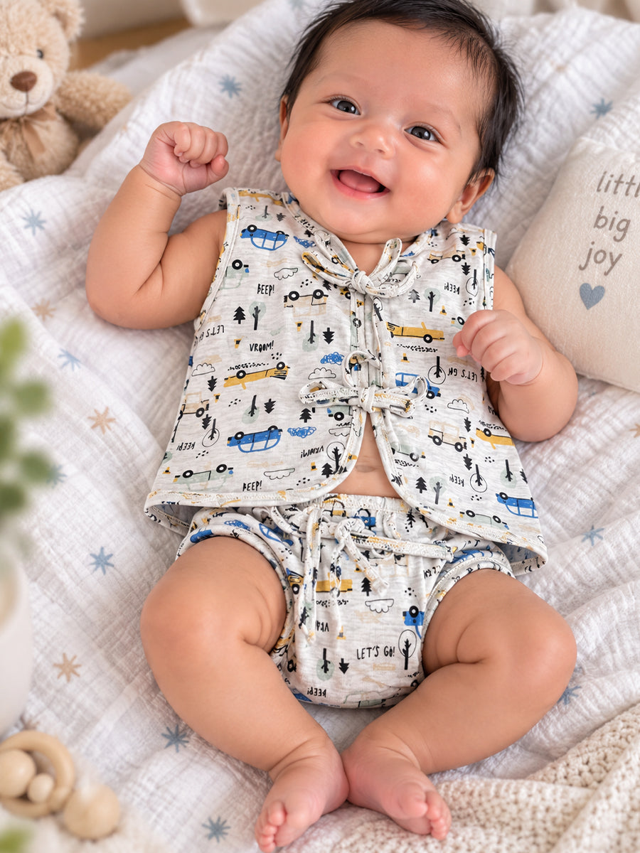 Ziva Newborn Knitted Cotton Front Open Tie Jabla with Light Padded Tie Nappy – Road Trip Vehicle Print | 1 Jabla + 1 Nappy