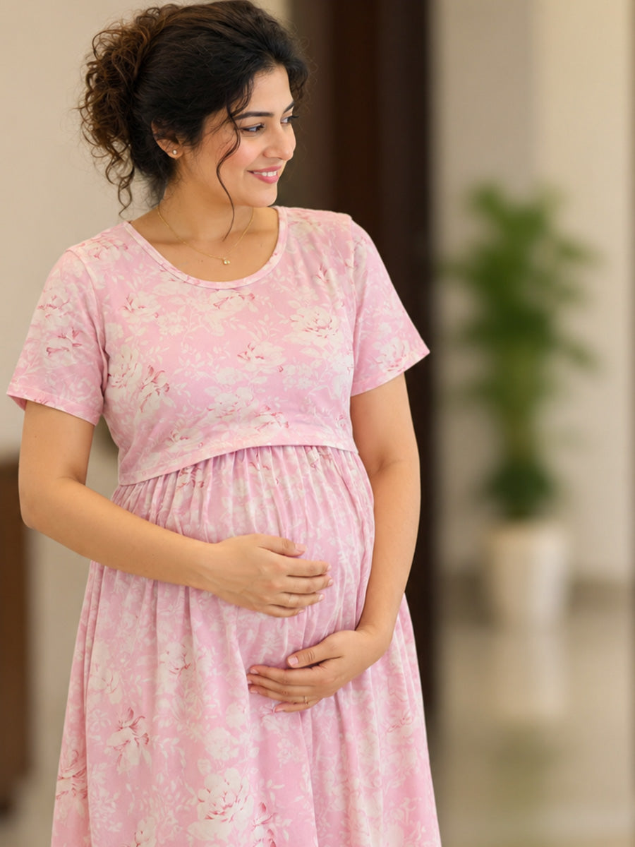 Ziva Zipless Maternity & Feeding Knitted Dress with Adjustable Waist Tie & Side Pocket | Soft Baby Pink & Cream White Floral Print