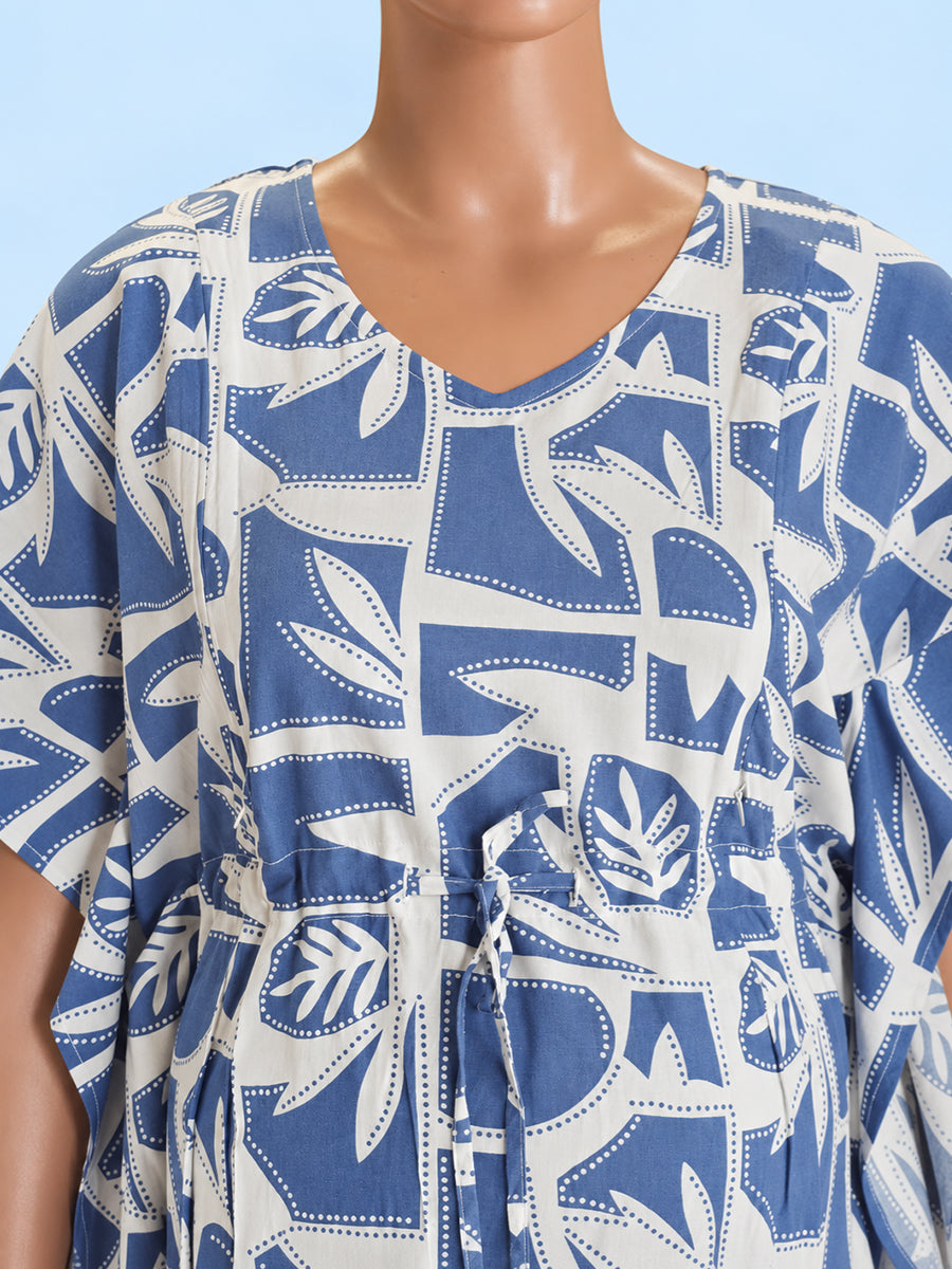 Ziva Maternity & Feeding Rayon Kaftan – Concealed Feeding Zips & Waist Adjustable Tie | Blue Abstract Leaf Print