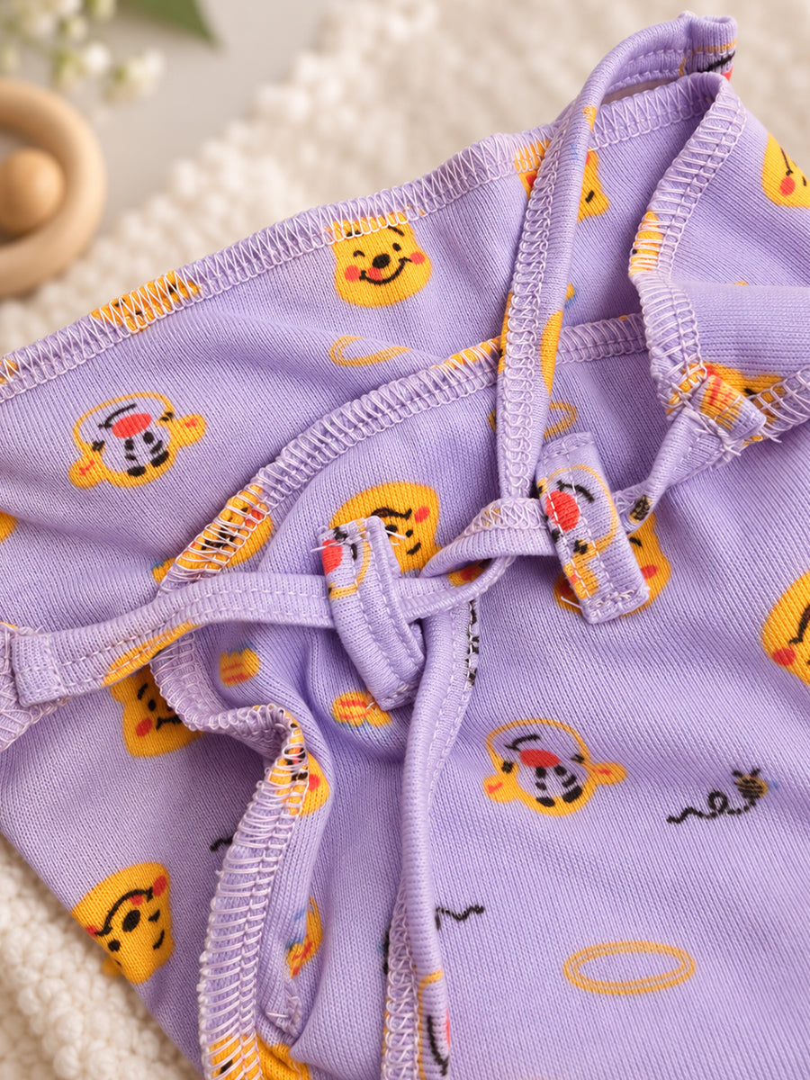 Ziva Newborn Knitted Cotton Front Open Tie Jabla with Light Padded Tie Nappy – Light Lilac Bear Print | 1 Jabla + 1 Nappy