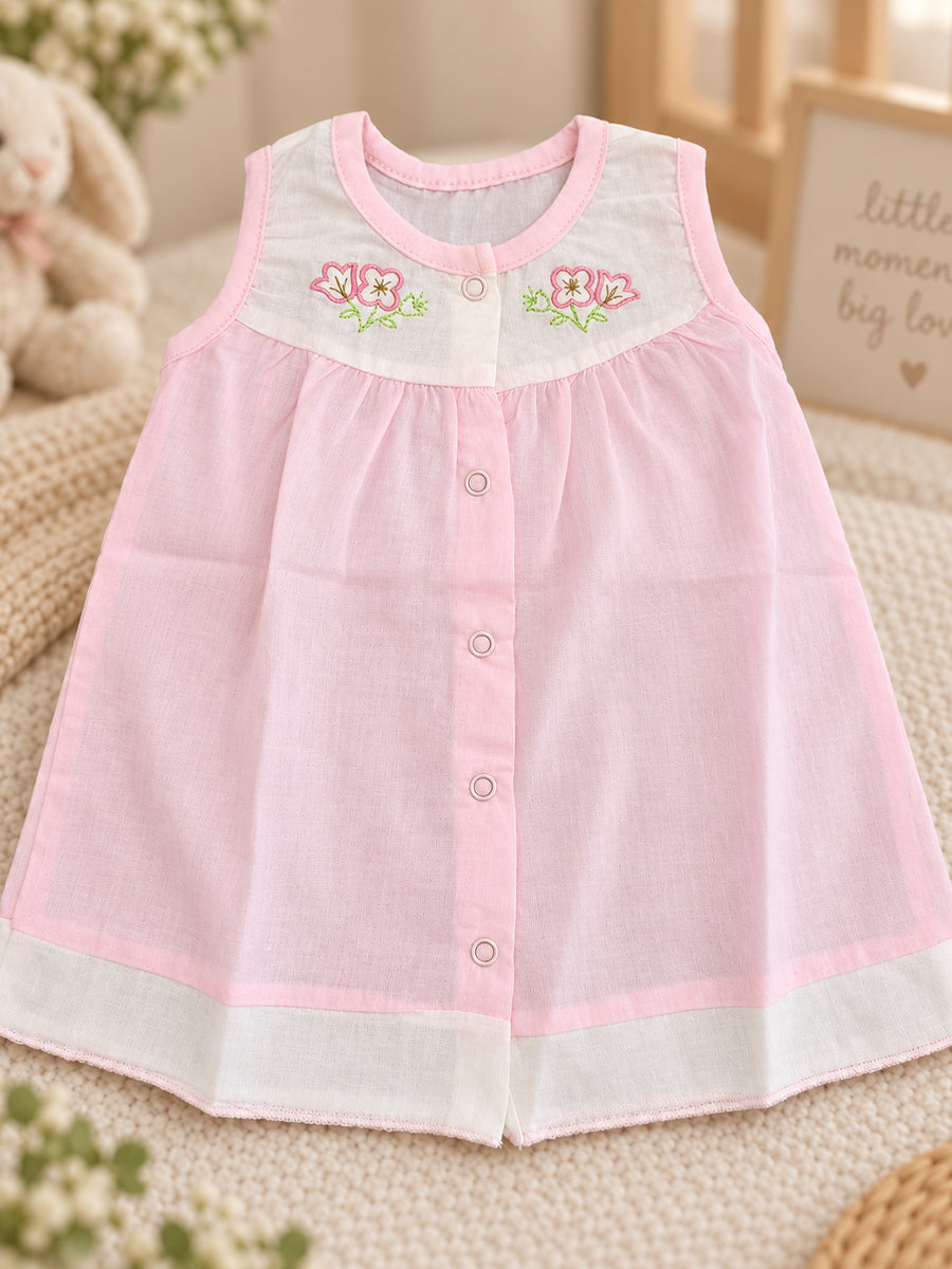 Baby Cotton Front Open Frock – Baby Pink & White | Floral Embroidered Yoke | Ziva Collected | Carefully Selected for Your Little One
