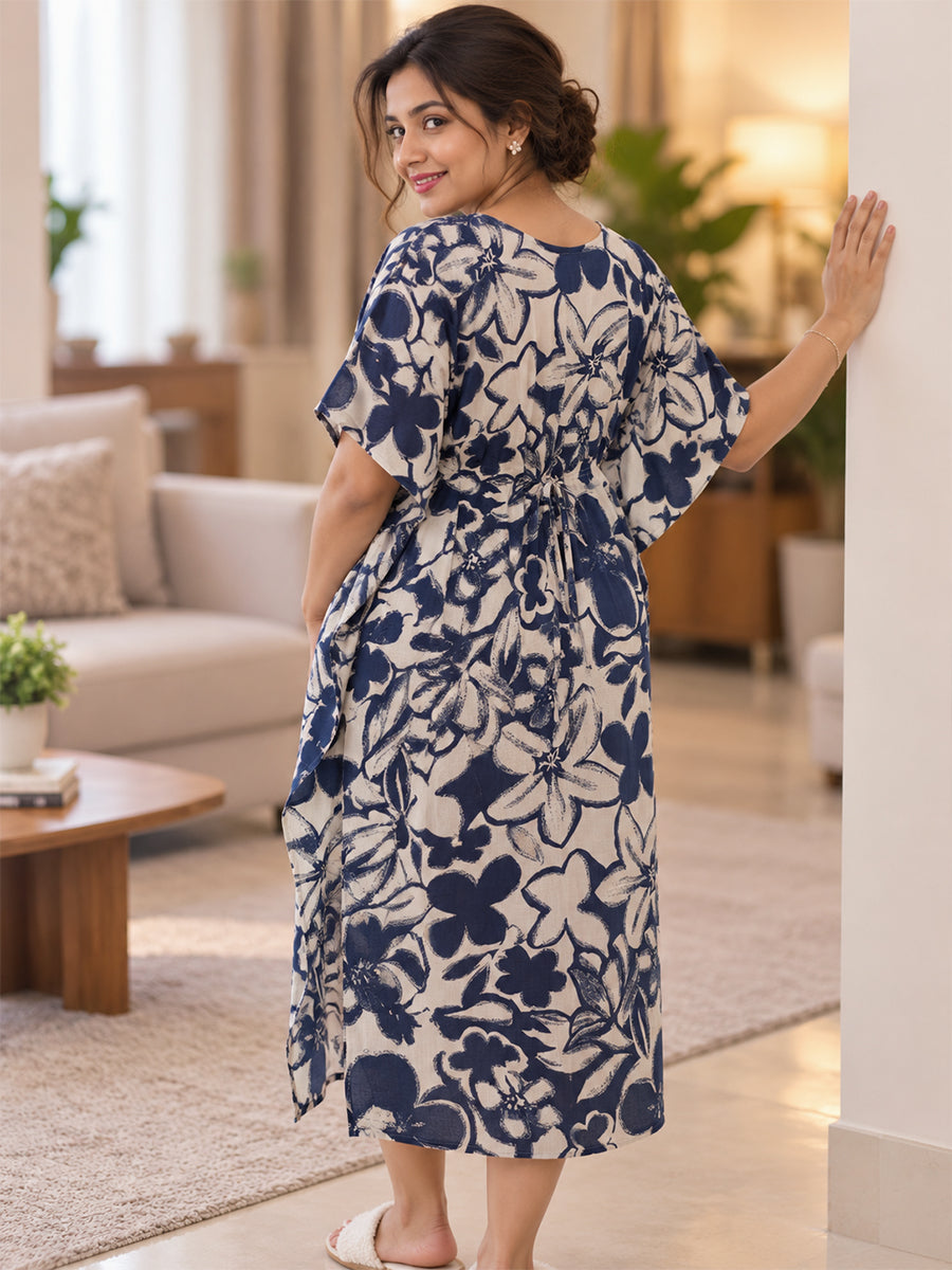Ziva Maternity & Feeding Kaftan with Feeding Zip & Waist Adjustable Tie – Classic Navy Blue Floral Print