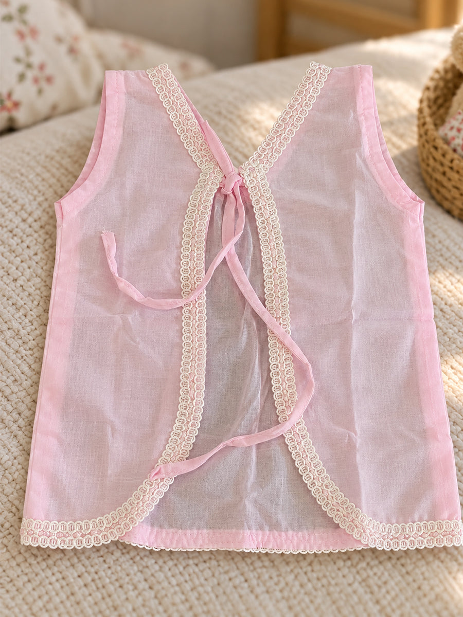 Ziva Baby Cotton V-Neck Top & Shorts Set – Soft Baby Pink | Cream Lace & Back Tie | 1 Top + 1 Shorts