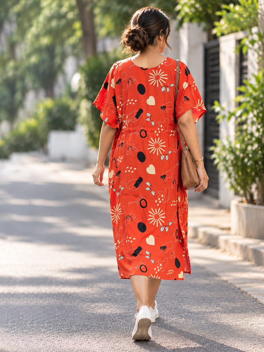 Ziva Maternity & Feeding Rayon Kaftan – Concealed Feeding Zips & Waist Adjustable Tie | Coral Red Abstract Botanical Print