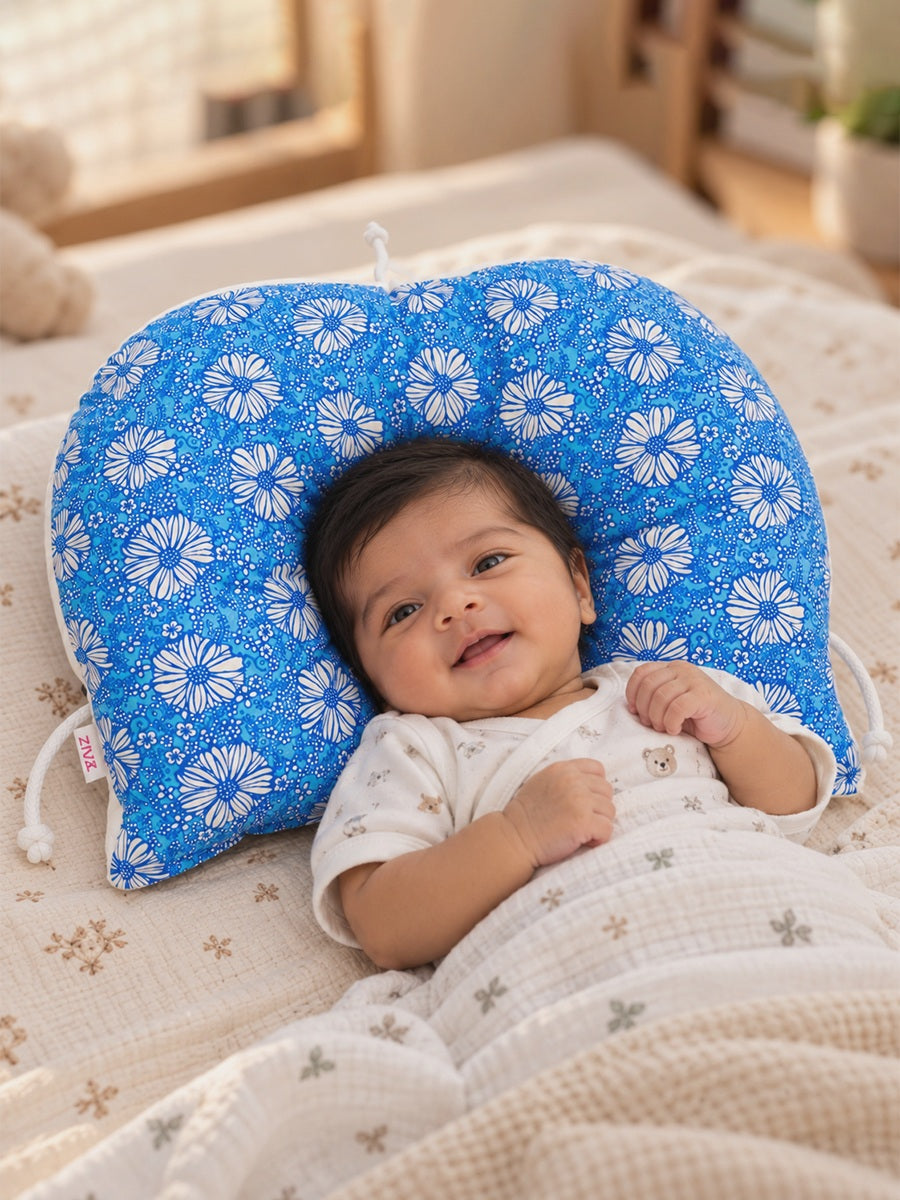 Ziva Multipurpose 3-Side Adjustable Support Pillow – Newborn to Adult | Blue Floral Print | Head, Neck, Back & Travel Support