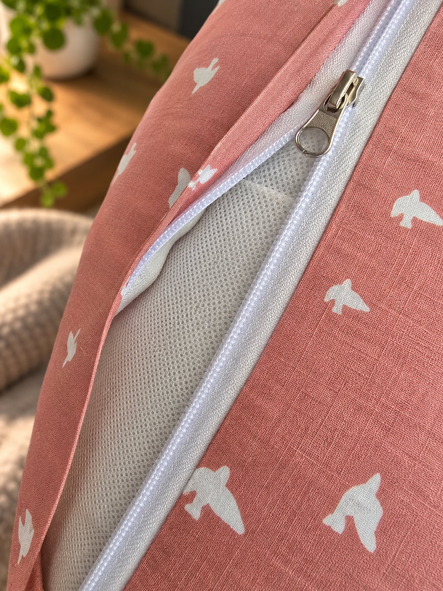 Ziva Multipurpose Feeding Pillow – White with Warm Beige Bird Print | 100% Cotton Cover | Removable & Washable