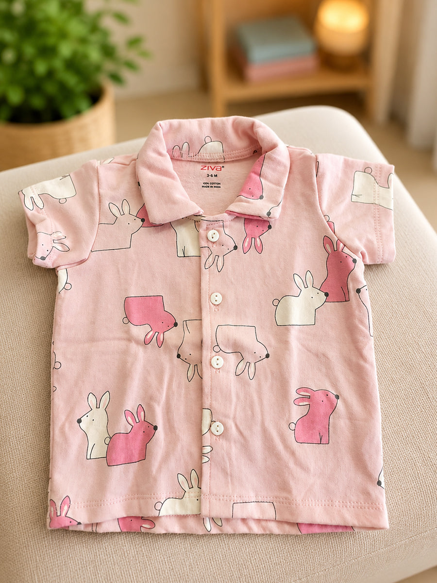 Ziva Premium Knitted Cotton Baby Co-Ord Set – Collar Neck Shirt & Elastic Waist Shorts | Dusty Rose | Bunny Rabbit Print