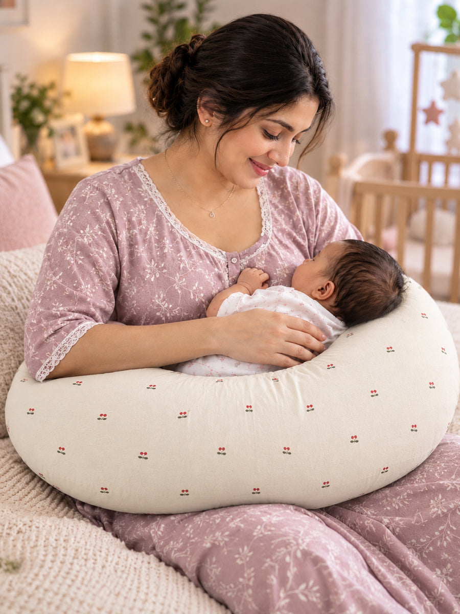 Ziva Multipurpose Feeding Pillow – Premium Organic Cotton | Soft Cream with Tiny Cherry Print | Removable & Washable Cover