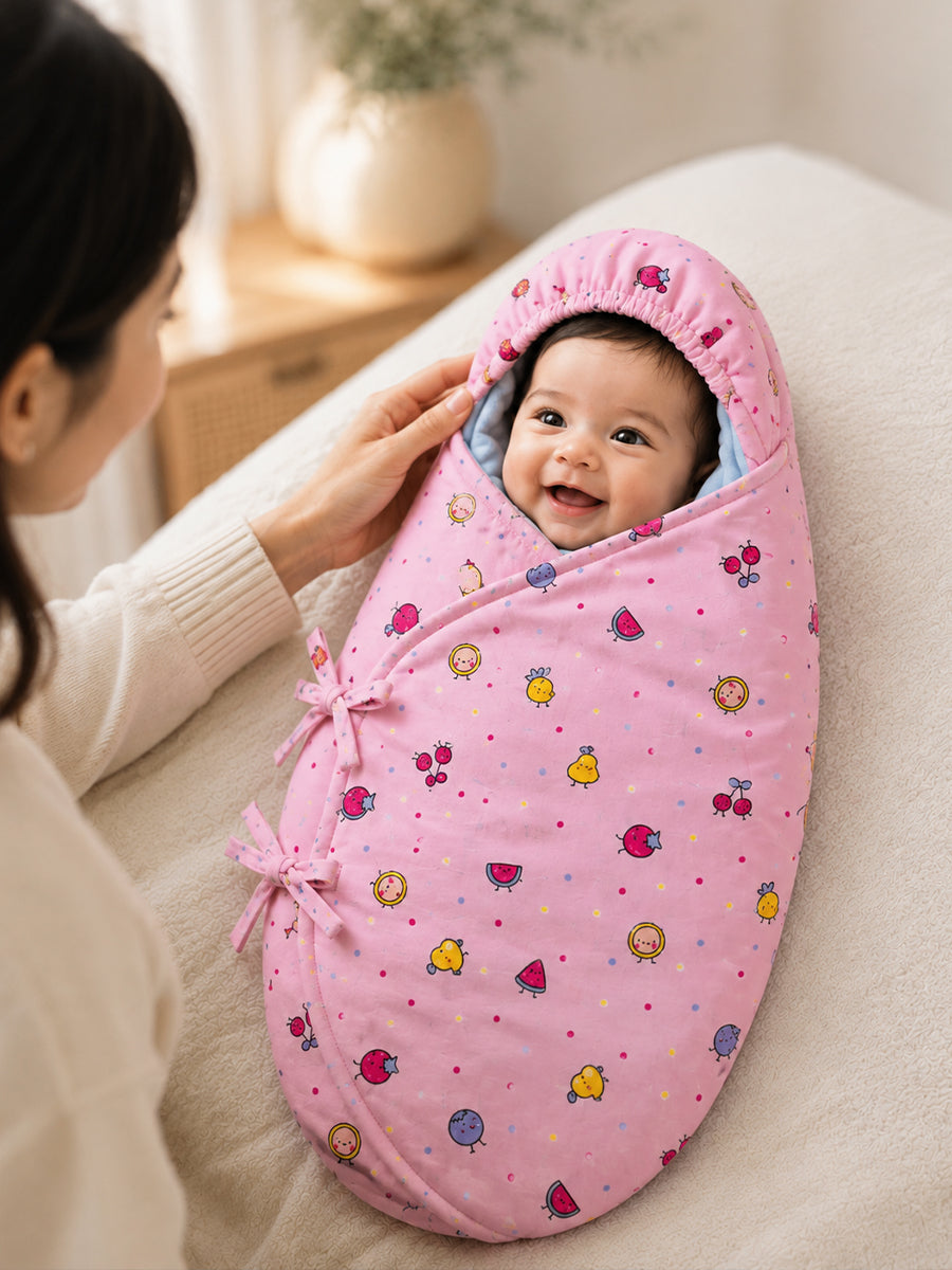 Ziva Cotton Baby Egg Wrap with Hood | Adjustable Side Tie | Double Shade | Baby Pink with Powder Blue | Hooded Baby Wrapper