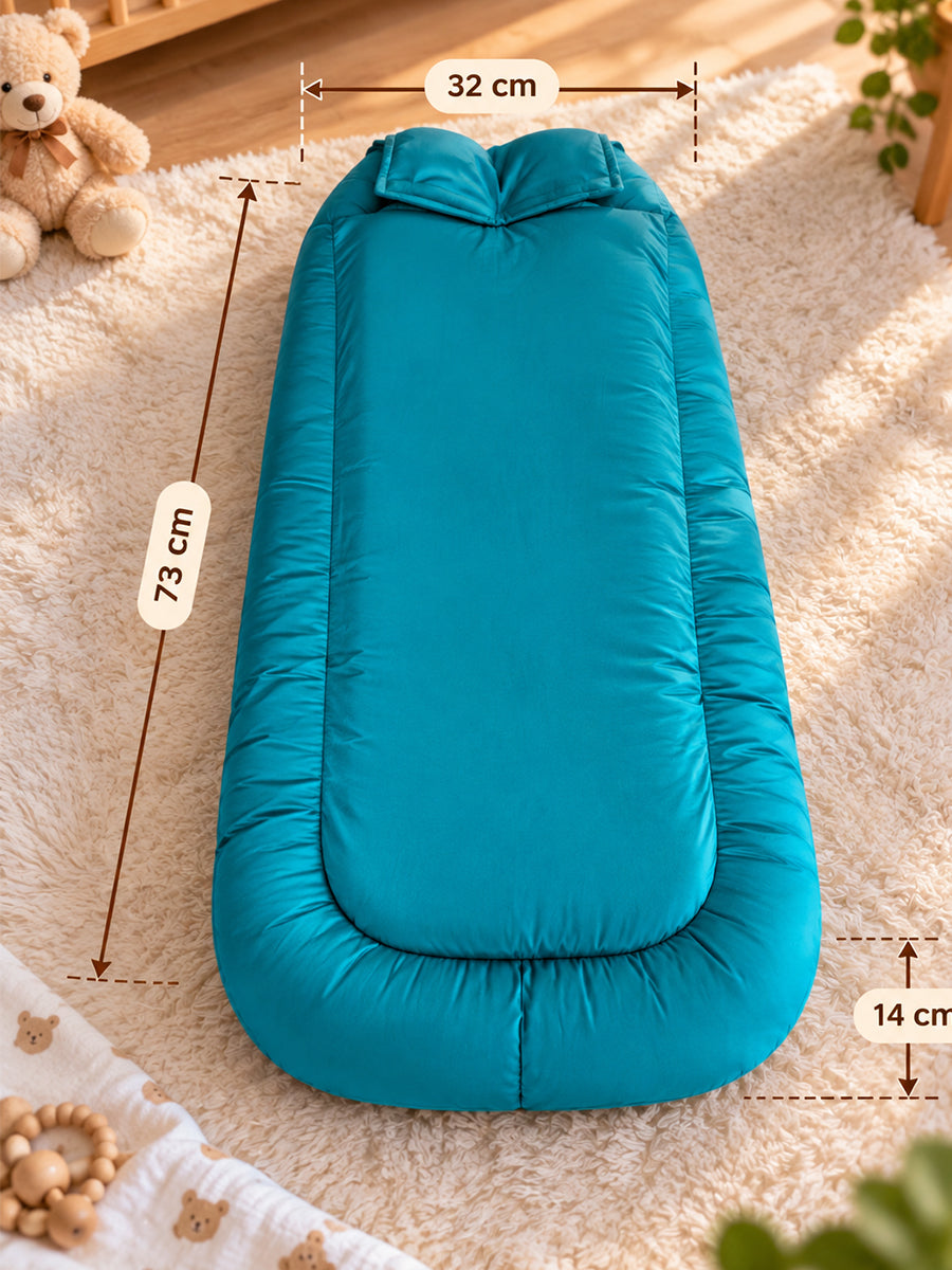 Premium Organic Cotton Multipurpose Baby Nest –  Newborn Baby Lounger & Baby Bed | Turquoise Blue | Ziva Collected | Carefully Selected for Your Little One
