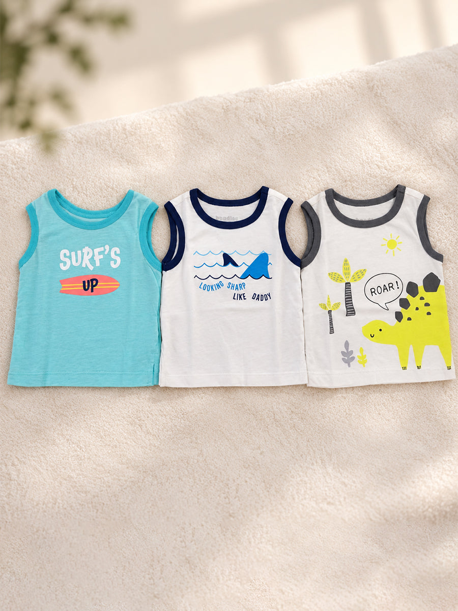 Baby Cotton Sleeveless T-Shirt Combo – Pack of 3 | Assorted Printed Tops | 3–6 Months| Ziva Collected | Carefully Selected for Your Little One