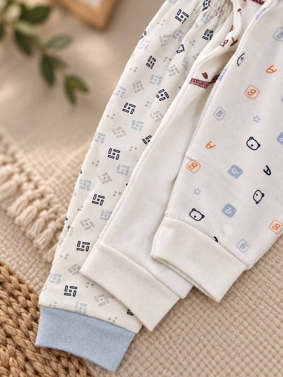 Baby Knitted Cotton Pants Combo – Pack of 3 | Assorted Cute Baby Prints | 6–9 Months | Ziva Collected | Carefully Selected for Your Little One