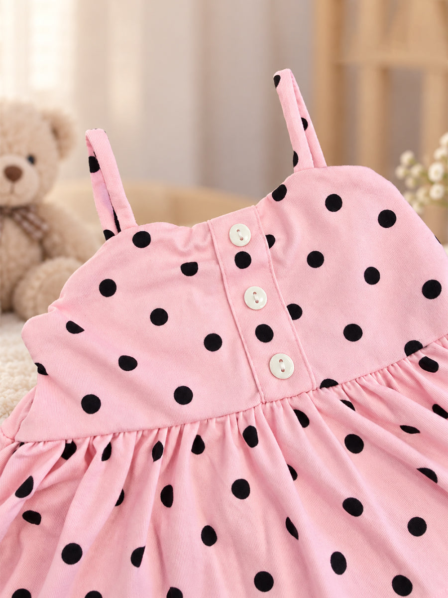 Ziva Baby Girl Strappy Frock with Pantie – Blush Pink Black Polka Dot Print | Premium Knitted Cotton | Tiered Frill & Front Buttons | 2-Piece Set