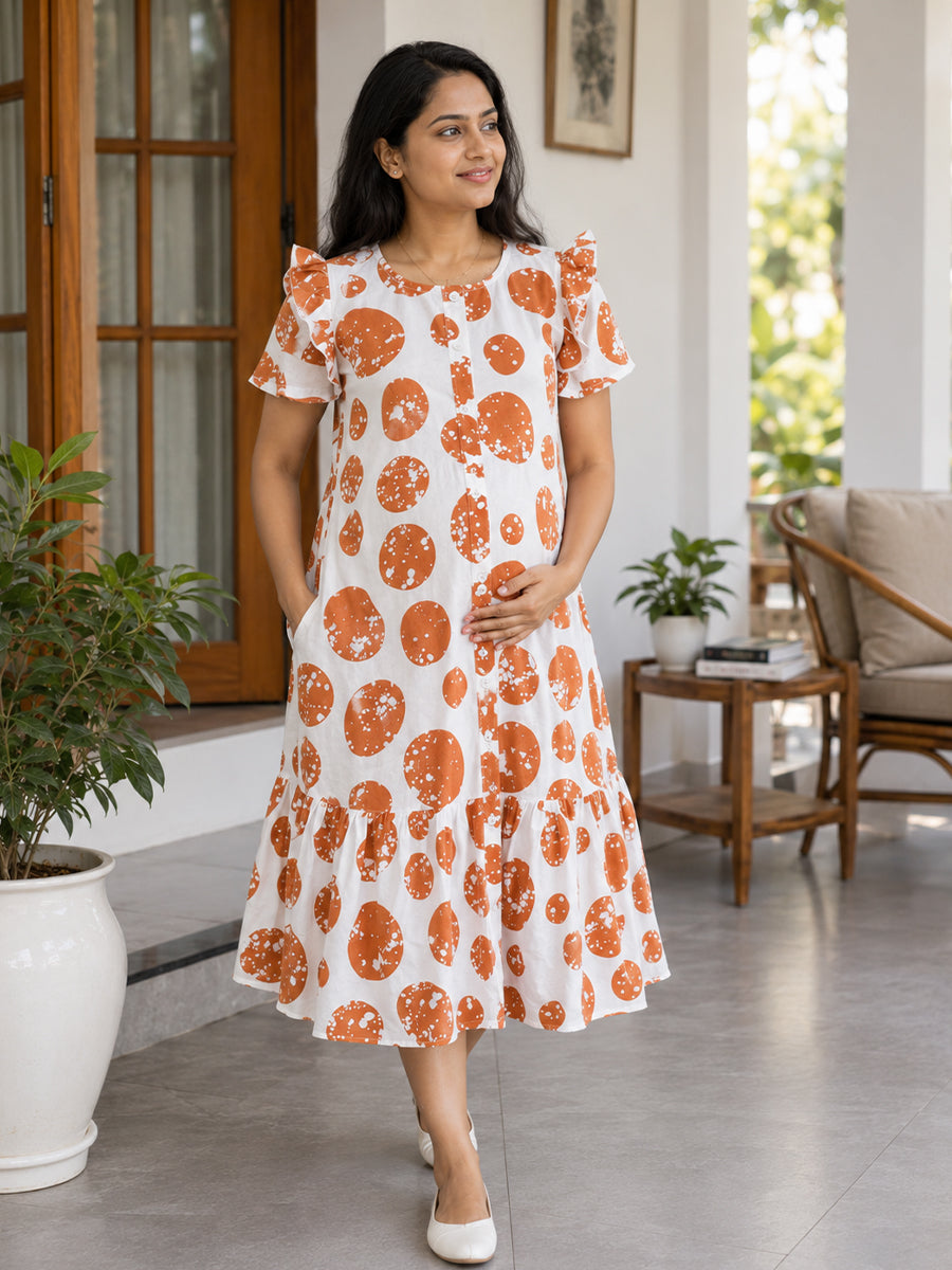 Ziva Maternity & Feeding Cotton Full-Open Short Nighty with Side Pocket – Orange & Off White Irregular Spot Print