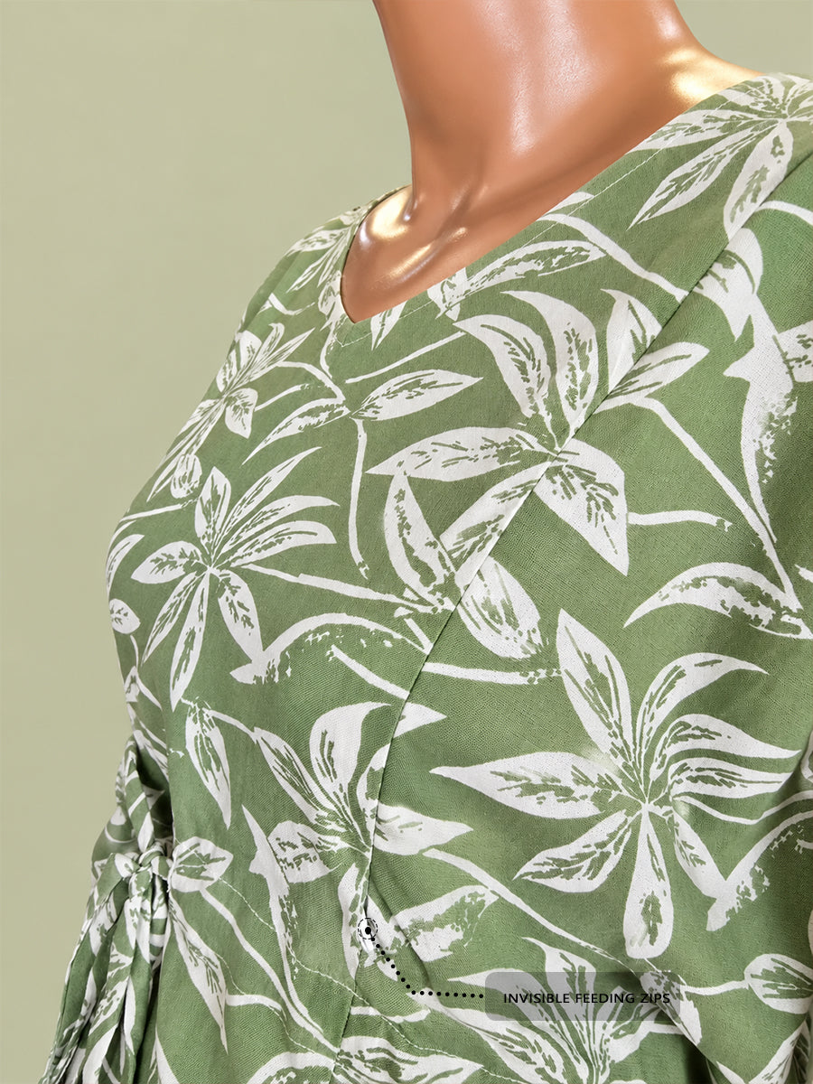 Ziva Maternity & Feeding Cotton Rayon Blend Kaftan – Concealed Feeding Zips & Waist Adjustable Tie | Sage Green Botanical Leaf Print