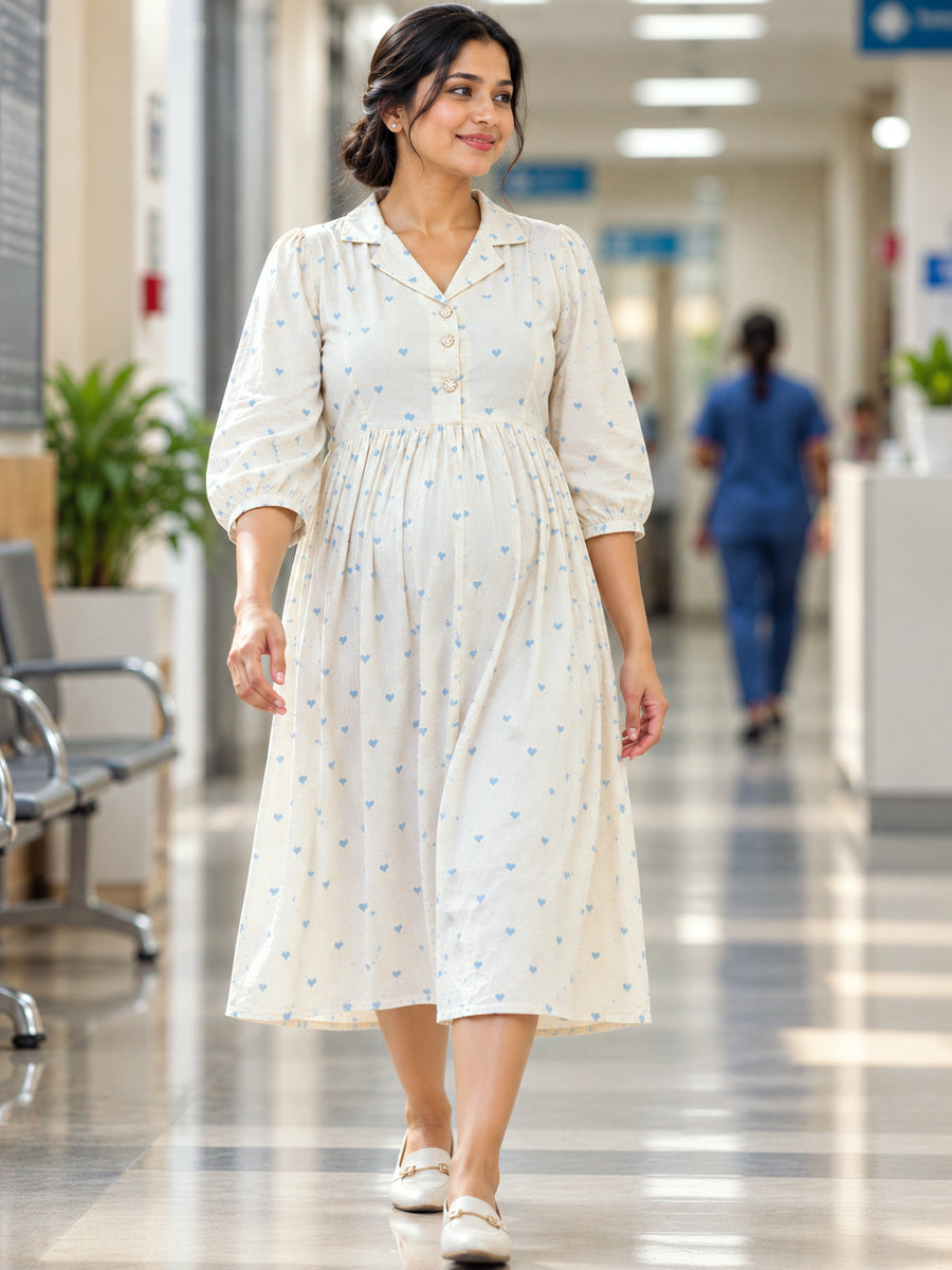 Ziva Premium Viscose Linen Maternity & Feeding Dress with Notched Collar, Concealed Zips & Side Pocket | Soft Cream Aqua Blue Heart Print